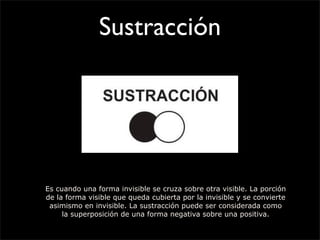 Sustracción
Es cuando una forma invisible se cruza sobre otra visible. La porción
de la forma visible que queda cubierta por la invisible y se convierte
asimismo en invisible. La sustracción puede ser considerada como
la superposición de una forma negativa sobre una positiva.
 