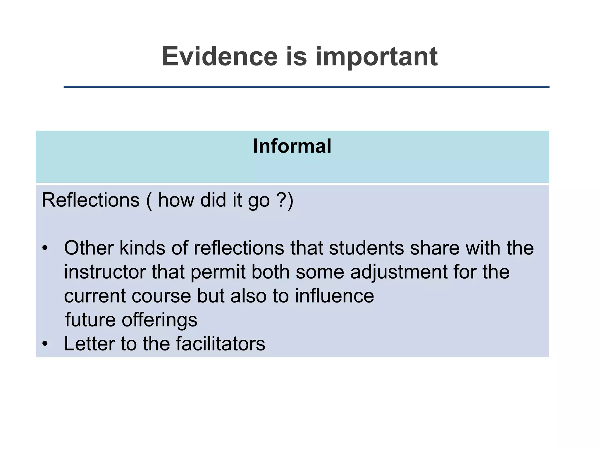 “Evaluation is often viewed as a test of
effectiveness – of materials, teaching
methods or whatnot - but this is the least
important aspect of it. The most important
is to provide intelligence on how to
improve these things”
What should the purpose of
evaluation be ?
( Bruner, 1966, as cited in Ramsden, 2003, p. 233).
 