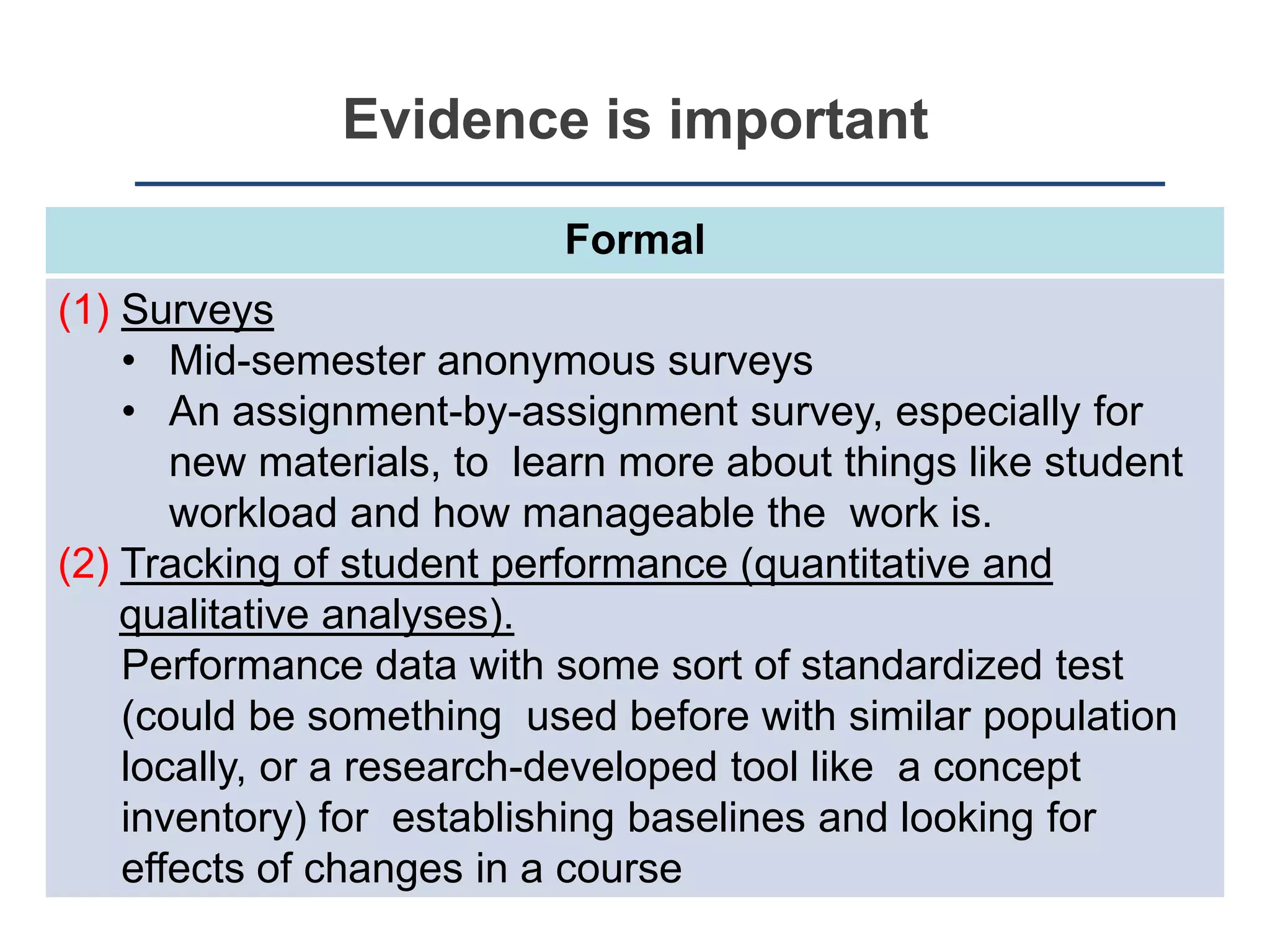 Typical questions
• Have student attitudes changed?
• Has the lecturer approaches changed?
• Have student learnt something in class?
• What is happening in class?
• Have classroom practices changed?
• Are students engaged?
• Am I meeting students’ needs?
 