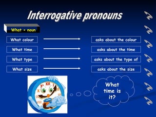 What + noun

What colour   asks about the colour

What time      asks about the time

What type     asks about the type of

What size      asks about the size



                   What
                  time is
                    it?
 