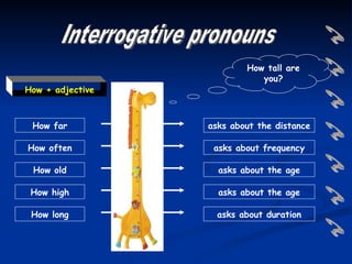 How tall are
                             you?
How + adjective



 How far          asks about the distance

How often          asks about frequency

 How old            asks about the age

 How high           asks about the age

 How long           asks about duration
 