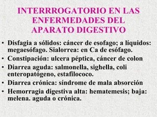 INTERRROGATORIO EN LAS ENFERMEDADES DEL   APARATO DIGESTIVO Disfagia a sólidos: cáncer de esofago; a líquidos: megaesófago. Sialorrea: en Ca de esófago. Constipación: ulcera péptica, cáncer de colon Diarrea aguda: salmonella, sighella, coli enteropatógeno, estafilococo. Diarrea crónica: síndrome de mala absorción  Hemorragia digestiva alta: hematemesis; baja: melena. aguda o crónica.  