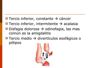 Tercio inferior, constante    cáncer Tercio inferior, intermitente    acalasia Disfagia dolorosa    odinofagia, las mas común es la amigdalitis Tercio medio    divertículos esofágicos o pólipos 