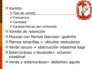 Vomito Tipo de vomito Frecuencia Cantidad Características del contenido Vomito de retención Mucoso con flemas blancas= gastritis Flemas amarillas = cálculos vesiculares Verde oscuro = obstrucción intestinal baja Estercoráceo o fecaloide= oclusión intestinal Verde y estercoráceo= abdomen agudo 