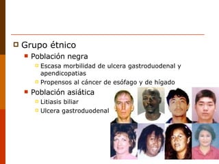 Grupo étnico Población negra Escasa morbilidad de ulcera gastroduodenal y apendicopatias Propensos al cáncer de esófago y de hígado Población asiática Litiasis biliar  Ulcera gastroduodenal 