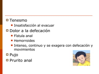 Tenesmo Insatisfacción al evacuar Dolor a la defecación Fístula anal Hemorroides Intenso, continuo y se exagera con defecación y movimientos Pujo Prurito anal 