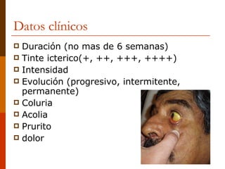 Datos clínicos Duración (no mas de 6 semanas) Tinte icterico(+, ++, +++, ++++) Intensidad Evolución (progresivo, intermitente, permanente) Coluria Acolia Prurito dolor 