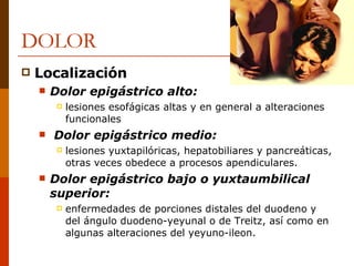 DOLOR Localización Dolor epigástrico alto:   lesiones esofágicas altas y en general a alteraciones funcionales  Dolor epigástrico medio:   lesiones yuxtapilóricas, hepatobiliares y pancreáticas, otras veces obedece a procesos apendiculares. Dolor epigástrico bajo o yuxtaumbilical superior:  enfermedades de porciones distales del duodeno y del ángulo duodeno-yeyunal o de Treitz, así como en algunas alteraciones del yeyuno-ileon. 