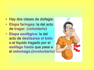 Hay dos clases de disfagia:Etapa faríngea: la del acto de tragar. (voluntario)Etapa esofágica: la del acto de deslizarse el bolo o el líquido tragado por el esófago hasta que pasa a el estomago.(involuntario)