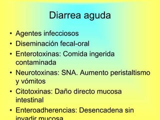 Diarrea agudaAgentes infecciososDiseminación fecal-oralEnterotoxinas: Comida ingerida contaminadaNeurotoxinas: SNA. Aumento peristaltismo y vómitosCitotoxinas: Daño directo mucosa intestinalEnteroadherencias: Desencadena sin invadir mucosa