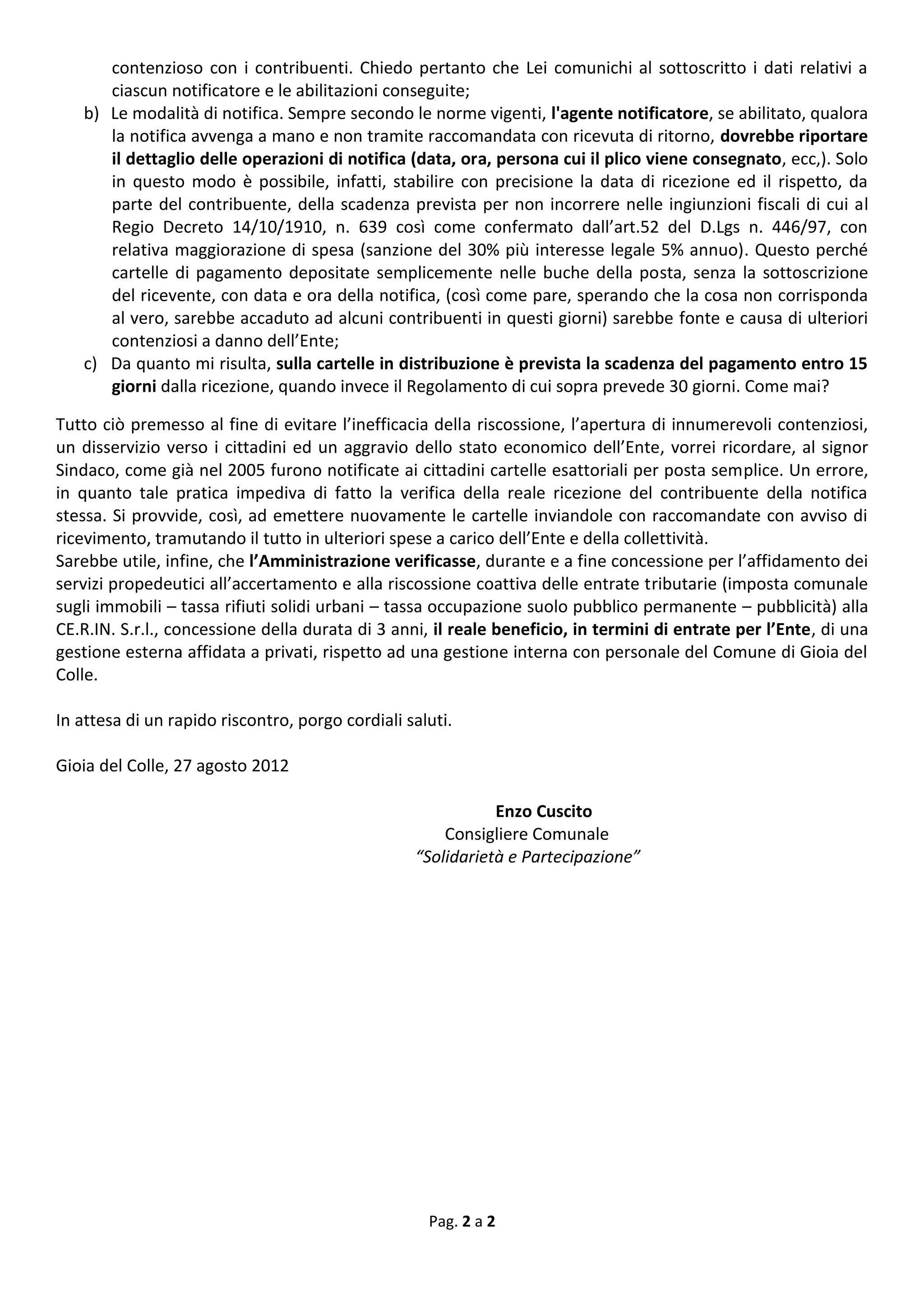 Aggravio Interrogazione enzo cuscito su riscossione e accertamento tarsu | PDF