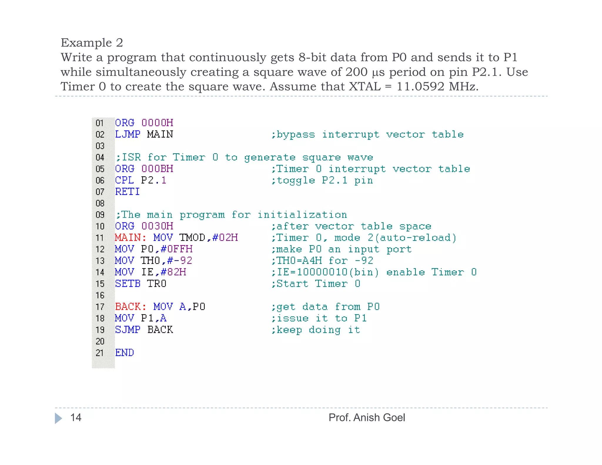Example 2
Write a program that continuously gets 8-bit data from P0 and sends it to P1
while simultaneously creating a square wave of 200 µs period on pin P2.1. Use
Timer 0 to create the square wave. Assume that XTAL = 11.0592 MHz.




 14                                         Prof. Anish Goel
 