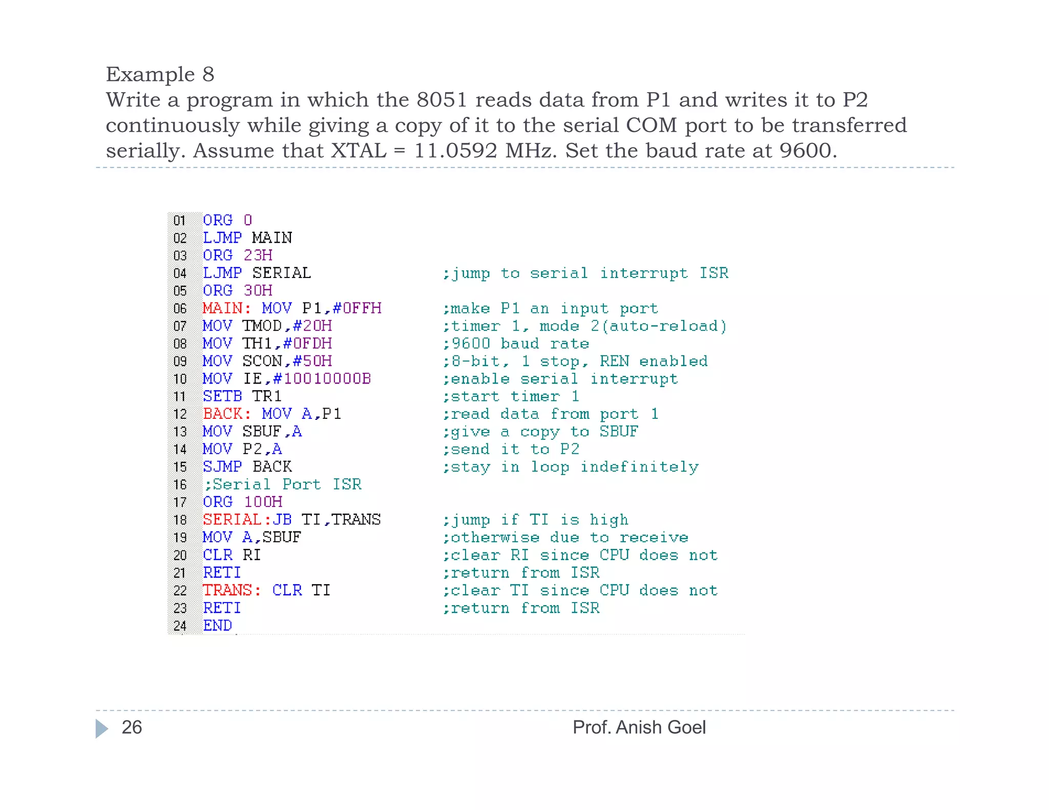 Example 8
Write a program in which the 8051 reads data from P1 and writes it to P2
continuously while giving a copy of it to the serial COM port to be transferred
serially. Assume that XTAL = 11.0592 MHz. Set the baud rate at 9600.




 26                                           Prof. Anish Goel
 