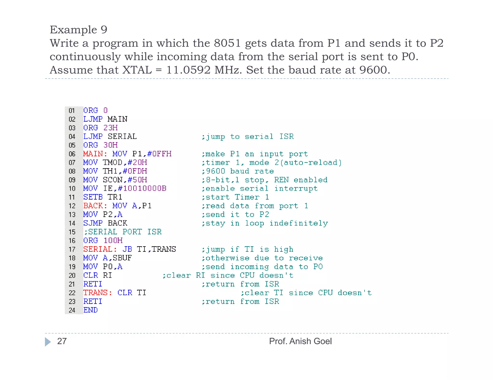Example 9
Write a program in which the 8051 gets data from P1 and sends it to P2
continuously while incoming data from the serial port is sent to P0.
Assume that XTAL = 11.0592 MHz. Set the baud rate at 9600.




 27                                   Prof. Anish Goel
 