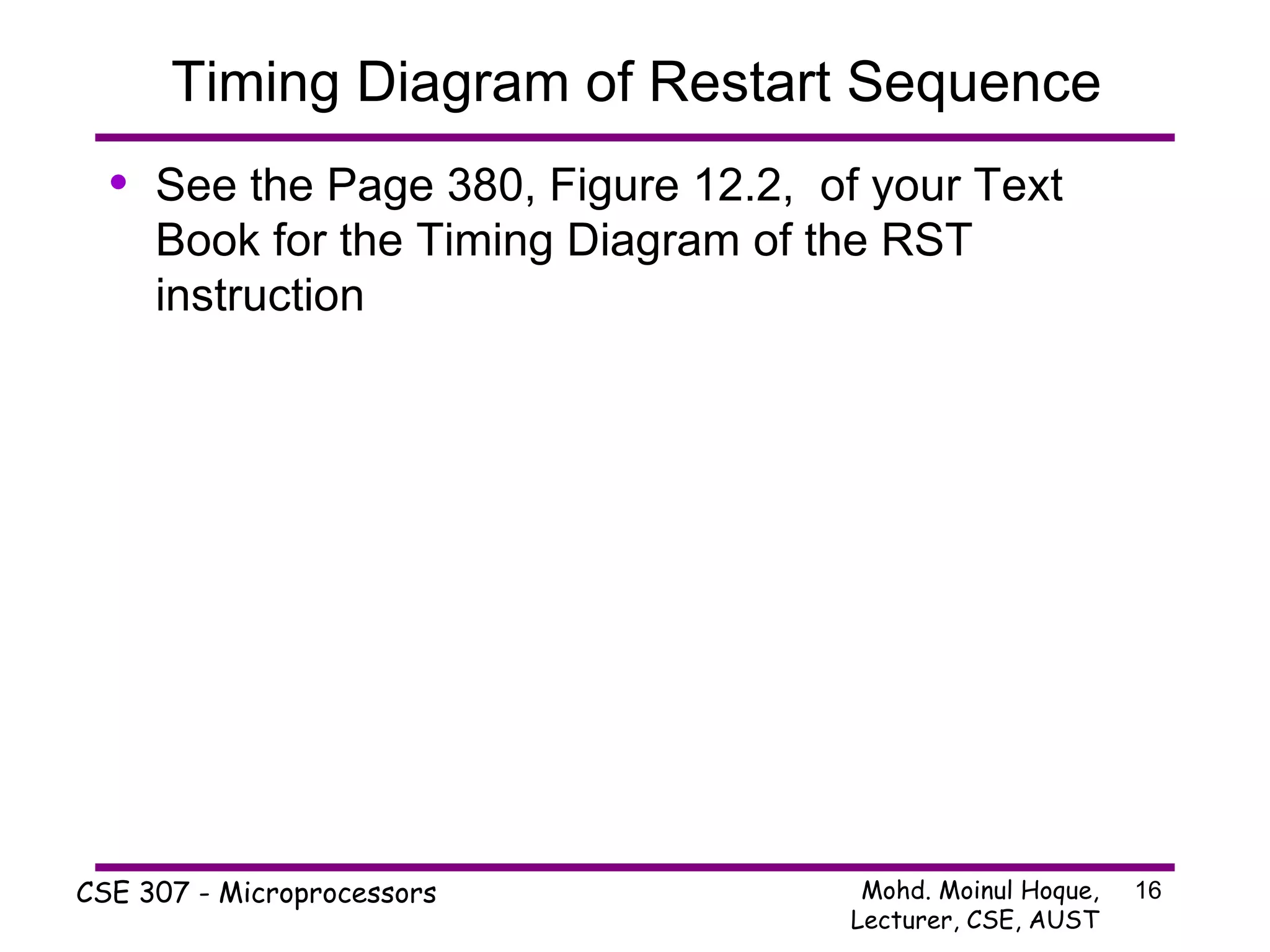 Timing Diagram of Restart Sequence See the Page 380, Figure 12.2,  of your Text Book for the Timing Diagram of the RST instruction 