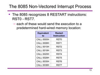 13
The 8085 Non-Vectored Interrupt Process
• The 8085 recognizes 8 RESTART instructions:
RST0 - RST7.
– each of these would send the execution to a
predetermined hard-wired memory location:
Restart
Instruction
Equivalent
to
RST0
CALL 0000H
RST1
CALL 0008H
RST2
CALL 0010H
RST3
CALL 0018H
RST4
CALL 0020H
RST5
CALL 0028H
RST6
CALL 0030H
RST7
CALL 0038H
 