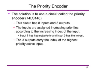 16
The Priority Encoder
• The solution is to use a circuit called the priority
encoder (74LS148).
– This circuit has 8 inputs and 3 outputs.
– The inputs are assigned increasing priorities
according to the increasing index of the input.
• Input 7 has highest priority and input 0 has the lowest.
– The 3 outputs carry the index of the highest
priority active input.
 