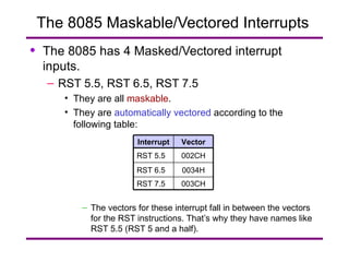 The 8085 Maskable/Vectored Interrupts  The 8085 has 4 Masked/Vectored interrupt inputs. RST 5.5, RST 6.5, RST 7.5 They are all  maskable . They are  automatically vectored  according to the following table: The vectors for these interrupt fall in between the vectors for the RST instructions. That’s why they have names like RST 5.5 (RST 5 and a half). Interrupt Vector RST 5.5 002CH RST 6.5 0034H RST 7.5 003CH 