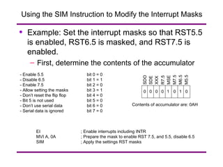 Using the SIM Instruction to Modify the Interrupt Masks Example: Set the interrupt masks so that RST5.5 is enabled, RST6.5 is masked, and RST7.5 is enabled. First, determine the contents of the accumulator SDO SDE XXX R7.5 MSE M7.5 M6.5 M5.5 - Enable 5.5 bit 0 = 0 - Disable 6.5 bit 1 = 1 - Enable 7.5 bit 2 = 0 - Allow setting the masks bit 3 = 1 - Don’t reset the flip flop bit 4 = 0 - Bit 5 is not used bit 5 = 0 - Don’t use serial data bit 6 = 0 - Serial data is ignored bit 7 = 0 0 1 0 0 0 0 0 1 Contents of accumulator are: 0AH EI ; Enable interrupts including INTR MVI A, 0A ; Prepare the mask to enable RST 7.5, and 5.5, disable 6.5 SIM ; Apply the settings RST masks 