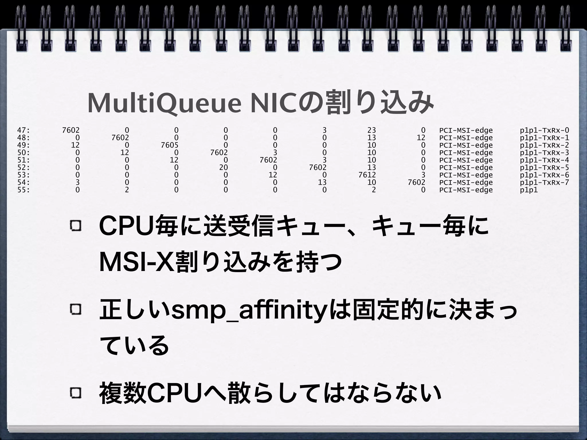 MultiQueue NICの割り込み
CPU毎に送受信キュー、キュー毎に
MSI-X割り込みを持つ
正しいsmp_aﬃnityは固定的に決まっ
ている
複数CPUへ散らしてはならない
47: 7602 0 0 0 0 3 23 0 PCI-MSI-edge p1p1-TxRx-0
48: 0 7602 0 0 0 0 13 12 PCI-MSI-edge p1p1-TxRx-1
49: 12 0 7605 0 0 0 10 0 PCI-MSI-edge p1p1-TxRx-2
50: 0 12 0 7602 3 0 10 0 PCI-MSI-edge p1p1-TxRx-3
51: 0 0 12 0 7602 3 10 0 PCI-MSI-edge p1p1-TxRx-4
52: 0 0 0 20 0 7602 13 0 PCI-MSI-edge p1p1-TxRx-5
53: 0 0 0 0 12 0 7612 3 PCI-MSI-edge p1p1-TxRx-6
54: 3 0 0 0 0 13 10 7602 PCI-MSI-edge p1p1-TxRx-7
55: 0 2 0 0 0 0 2 0 PCI-MSI-edge p1p1
 