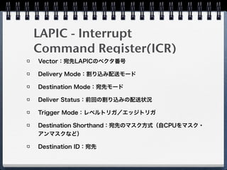 LAPIC - Interrupt
Command Register(ICR)
Vector：宛先LAPICのベクタ番号
Delivery Mode：割り込み配送モード
Destination Mode：宛先モード
Deliver Status：前回の割り込みの配送状況
Trigger Mode：レベルトリガ／エッジトリガ
Destination Shorthand：宛先のマスク方式（自CPUをマスク・
アンマスクなど）
Destination ID：宛先
 