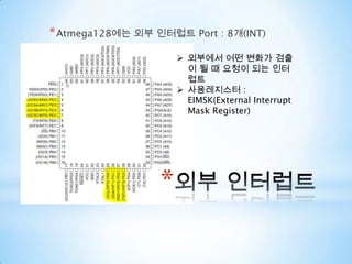 외부 인터럽트Atmega128에는 외부 인터럽트 Port : 8개(INT)외부에서 어떤 변화가 검출이 될 때 요청이 되는 인터럽트