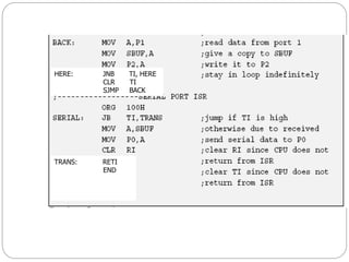 HERE: JNB TI, HERE
CLR TI
SJMP BACK
TRANS: RETI
END
 