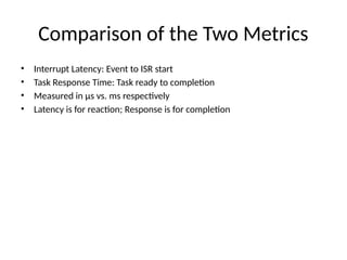 Comparison of the Two Metrics
• Interrupt Latency: Event to ISR start
• Task Response Time: Task ready to completion
• Measured in µs vs. ms respectively
• Latency is for reaction; Response is for completion
 