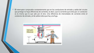 • El interruptor comprueba constantemente que en los conductores de entrada y salida del circuito
que protege no haya diferencias de corriente, es decir, que la corriente que entra por un conductor
es la misma que la que sale por el otro. Una diferencia de intensidades de corriente entre el
conductor de entrada y el de salida indica que hay una fuga.
 
