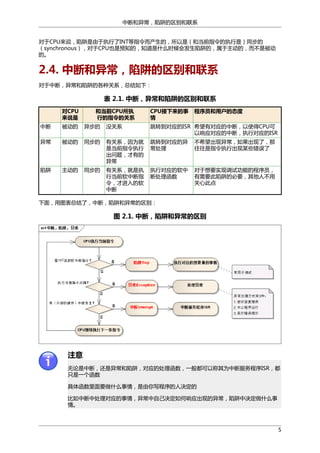 中断和异常，陷阱的区别和联系
对于CPU来说，陷阱是由于执行了INT等指令而产生的，所以是（和当前指令的执行是）同步的
（synchronous），对于CPU也是预知的，知道是什么时候会发生陷阱的，属于主动的，而不是被动
的。

2.4. 中断和异常，陷阱的区别和联系
对于中断，异常和陷阱的各种关系，总结如下：

表 2.1. 中断，异常和陷阱的区别和联系
对CPU
来说是

和当前CPU所执
行的指令的关系

CPU接下来的事
情

程序员和用户的态度

中断

被动的

异步的

没关系

跳转到对应的ISR 希望有对应的中断，以使得CPU可
以响应对应的中断，执行对应的ISR

异常

被动的

同步的

有关系，因为就
是当前指令执行
出问题，才有的
异常

跳转到对应的异
常处理

不希望出现异常，如果出现了，那
往往是指令执行出现某些错误了

陷阱

主动的

同步的

有关系，就是执
行当前软中断指
令，才进入的软
中断

执行对应的软中
断处理函数

对于想要实现调试功能的程序员，
有需要此陷阱的必要，其他人不用
关心此点

下面，用图表总结了，中断，陷阱和异常的区别：

图 2.1. 中断，陷阱和异常的区别

注意
无论是中断，还是异常和陷阱，对应的处理函数，一般都可以称其为中断服务程序ISR，都
只是一个函数
具体函数里面要做什么事情，是由你写程序的人决定的
比如中断中处理对应的事情，异常中自己决定如何响应出现的异常，陷阱中决定做什么事
情。

5

 