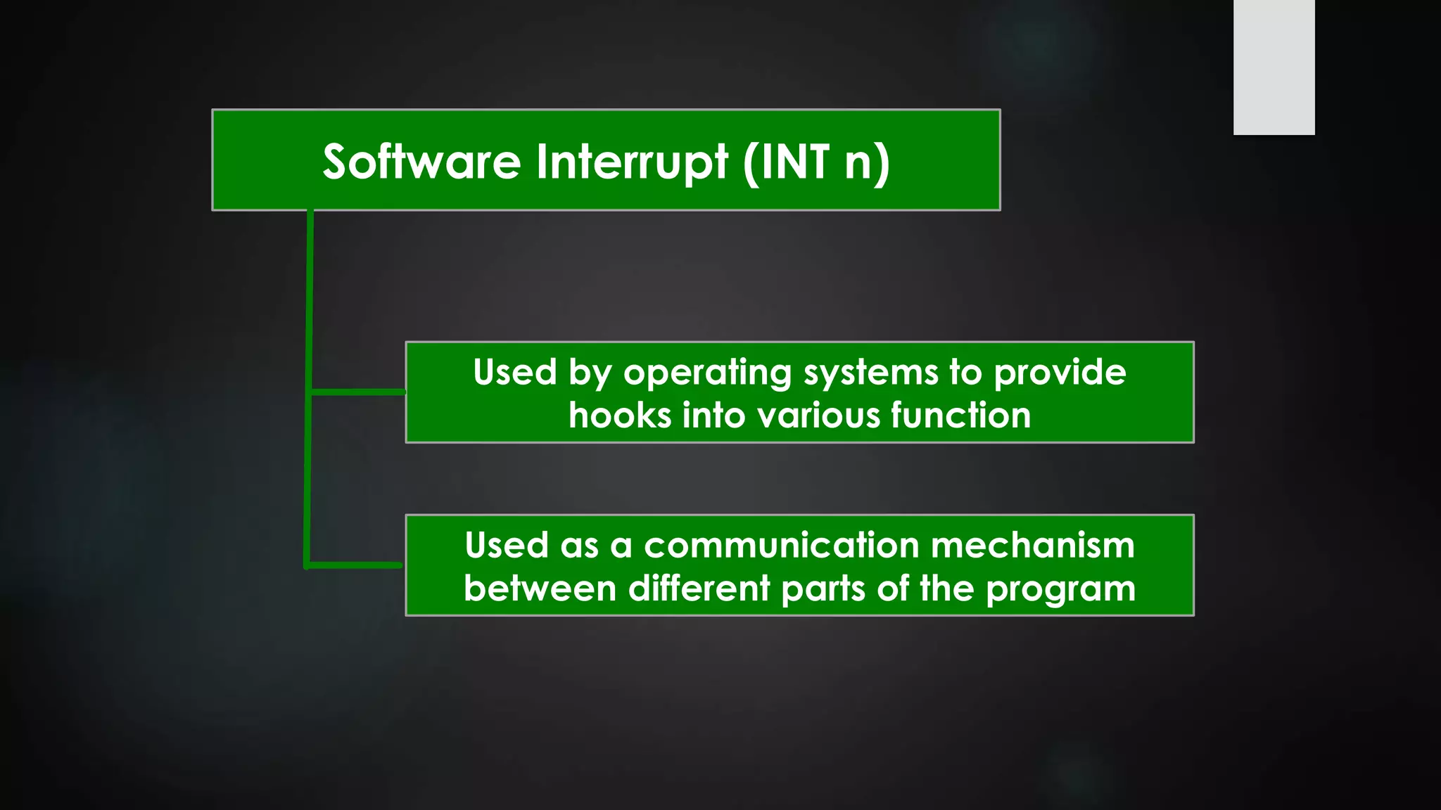 Software Interrupt (INT n)
Used by operating systems to provide
hooks into various function
Used as a communication mechanism
between different parts of the program
 