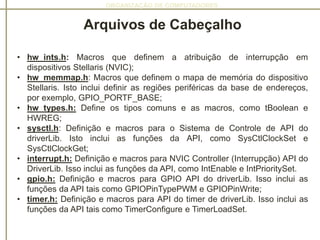 ORGANIZAÇÃO DE COMPUTADORES
Arquivos de Cabeçalho
• hw_ints.h: Macros que definem a atribuição de interrupção em
dispositivos Stellaris (NVIC);
• hw_memmap.h: Macros que definem o mapa de memória do dispositivo
Stellaris. Isto inclui definir as regiões periféricas da base de endereços,
por exemplo, GPIO_PORTF_BASE;
• hw_types.h: Define os tipos comuns e as macros, como tBoolean e
HWREG;
• sysctl.h: Definição e macros para o Sistema de Controle de API do
driverLib. Isto inclui as funções da API, como SysCtlClockSet e
SysCtlClockGet;
• interrupt.h: Definição e macros para NVIC Controller (Interrupção) API do
DriverLib. Isso inclui as funções da API, como IntEnable e IntPrioritySet.
• gpio.h: Definição e macros para GPIO API do driverLib. Isso inclui as
funções da API tais como GPIOPinTypePWM e GPIOPinWrite;
• timer.h: Definição e macros para API do timer de driverLib. Isso inclui as
funções da API tais como TimerConfigure e TimerLoadSet.
 