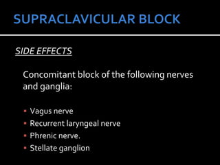 SIDE EFFECTS
Concomitant block of the following nerves
and ganglia:
 Vagus nerve
 Recurrent laryngeal nerve
 Phrenic nerve.
 Stellate ganglion
 