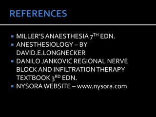  MILLER’SANAESTHESIA 7TH EDN.
 ANESTHESIOLOGY – BY
DAVID.E.LONGNECKER
 DANILO JANKOVIC REGIONAL NERVE
BLOCK AND INFILTRATIONTHERAPY
TEXTBOOK 3RD EDN.
 NYSORAWEBSITE – www.nysora.com
 