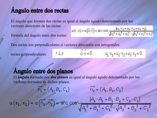 El ángulo que forman dos rectas es igual al ángulo agudo determinado por los
vectores directores de las rectas.
fórmula del ángulo entre dos rectas:
Dos rectas son perpendiculares si vectores directores son ortogonales.
rectas perpendiculares:
El ángulo formado por dos planos es igual al ángulo agudo determinado por los
vectores normales de dichos planos.
 
