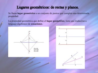 Se llama lugar geométrico a un conjunto de puntos que cumplen una determinada
propiedad.
La propiedad geométrica que define el lugar geométrico, tiene que traducirse a
lenguaje algebraico de ecuaciones.
 