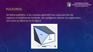 UNIVERSIDAD NACIONAL 
“SANTIAGO ANTUNEZ DE MAYOLO” 
FACULTAD DE INGENIERÍA CIVIL 
POLIEDROS: 
Se llama poliedro, a los cuerpos geométricos cuya porción de 
espacio es totalmente limitada, por polígonos planos no coplanares; 
tal como se observa en la figura 
 