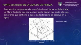 PUNTO CONTENIDO EN LA CARA DE UN PRISMA. 
Para localizar un punto en la superficie de un Prisma, se debe trazar 
un Plano Cortante que contenga al punto dado y que corte a la cara 
del prisma que contiene al punto dado; tal como se observa en la 
figura N 
Plano Base 
Plano Cor tante LMNO 
Localización de un Punto en la cara del 
Prisma. 
UNIVERSIDAD NACIONAL 
“SANTIAGO ANTUNEZ DE MAYOLO” 
FACULTAD DE INGENIERÍA CIVIL 
 