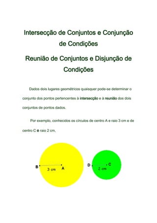 Intersecção de Conjuntos e Conjunção de Condições<br />Reunião de Conjuntos e Disjunção de Condições<br /> <br />        Dados dois lugares geométricos quaisquer pode-se determinar o conjunto dos pontos pertencentes à intersecção e à reunião dos dois conjuntos de pontos dados. <br />        Por exemplo, conhecidos os círculos de centro A e raio 3 cm e de centro C e raio 2 cm,<br />right0<br /> <br />PROBLEMA 1 - Determinar o conjunto dos pontos pertencentes ao círculo de centro A e raio 3 cm e de centro C e raio 2 cm, sabendo que A e C distam 4 cm entre si.<br />    Se os pontos A e C distam entre si 4 cm então a intersecção dos dois lugares geométricos é o conjunto formado pelos pontos assinalados a verde escuro na figura seguinte:<br />     Os pontos desse conjunto  pertencem simultaneamente ao círculo de centro A e ao círculo de centro B.<br /> <br />Neste caso, estamos perante uma conjunção de condições à qual corresponde a intersecção de conjuntos.<br /> <br />PROBLEMA 2 - Determinar o conjunto dos pontos pertencentes ao círculo de centro A e raio 3 cm ou ao círculo de centro C e raio 2 cm, sabendo que A e C distam 4 cm entre si.<br />    Sabemos que os pontos A e C distam entre si 4 cm.<br />    Queremos  reunir os pontos pertencentes aos dos dois lugares geométricos definidos. Esse lugar geométrico é o conjunto formado pelos pontos assinalados a vermelho na figura seguinte:<br /> Esse conjunto é formado pelos pontos pertencentes só ao círculo de centro A, só ao círculo de centro B e aos dois círculos.<br /> <br />Agora estamos perante uma disjunção de condições à qual corresponde a reunião de conjuntos.<br /> <br />Um dos lugares geométricos usuais que representa a intersecção de conjuntos (e, consequentemente, se define à custa da conjunção de duas condições) é a coroa circular.<br />Por exemplo, a coroa circula definida na figura representa:<br />- o conjunto dos pontos pertencentes  ao exterior da circunferência e à circunferência de centro A e raio 2cm e ao interior da circunferência e à circunferência de centro A e raio 3cm.<br /> <br /> <br />