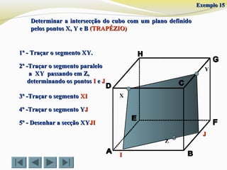 Determinar a intersecção do cubo com um plano definidoDeterminar a intersecção do cubo com um plano definido
pelos pontos X, Y e Bpelos pontos X, Y e B (TRAPÉZIO)(TRAPÉZIO)
X
Y
1º - Traçar o segmento XY.1º - Traçar o segmento XY.
2º -Traçar o segmento paralelo2º -Traçar o segmento paralelo
a XY passando em Z,a XY passando em Z,
determinando os pontosdeterminando os pontos II ee JJ
3º -Traçar o segmento3º -Traçar o segmento XIXI
5º - Desenhar a secção XY5º - Desenhar a secção XYJIJI
Z
II
4º -Traçar o segmento Y4º -Traçar o segmento YJJ
JJ
Exemplo 15Exemplo 15
 