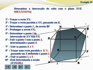 Determinar a intersecção do cubo com o plano XYZDeterminar a intersecção do cubo com o plano XYZ
((HEXÁGONOHEXÁGONO))
X
Y
z
1º - Traçar a recta XY.1º - Traçar a recta XY.
2º - Traçar a recta paralela a XY, passando em Z.2º - Traçar a recta paralela a XY, passando em Z.
4º - Prolongar a aresta CG.4º - Prolongar a aresta CG.
5º - Determinar o ponto5º - Determinar o ponto II dede
intersecção de XY com CGintersecção de XY com CG
I
6º - Unir o ponto6º - Unir o ponto II com o pontocom o ponto J,J,
determinando o pontodeterminando o ponto KK
3º - Determinar o ponto3º - Determinar o ponto JJ , da aresta BF, da aresta BF
J
7º - Unir os pontos7º - Unir os pontos KK ee YY
KK
8º - Traçar uma recta paralela a8º - Traçar uma recta paralela a K YK Y,,
passando empassando em ZZ definindo o pontodefinindo o ponto LL
9º - Unir os pontos9º - Unir os pontos LL ee XX L
10º -Está determinada a secção10º -Está determinada a secção
[XY[XYKJKJZZLL]]
Exemplo 18Exemplo 18
 