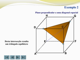 A B
CD
E F
GH
Exemplo 2
Plano perpendicular a uma diagonal espacial
Desta intersecção resulta
um triângulo equilátero
 