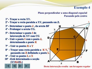 X
Y
z
1º - Traçar a recta XY.1º - Traçar a recta XY.
2º - Traçar a recta paralela a XY, passando em Z.2º - Traçar a recta paralela a XY, passando em Z.
4º - Prolongar a aresta CG.4º - Prolongar a aresta CG.
5º - Determinar o ponto5º - Determinar o ponto II dede
intersecção de XY com CGintersecção de XY com CG
I
6º - Unir o ponto6º - Unir o ponto II com o pontocom o ponto J,J,
determinando o pontodeterminando o ponto KK
3º - Determinar o ponto3º - Determinar o ponto JJ , da aresta BF, da aresta BF
J
7º - Unir os pontos7º - Unir os pontos KK ee YY
KK
8º - Traçar uma recta paralela a8º - Traçar uma recta paralela a K YK Y,,
passando empassando em ZZ definindo o pontodefinindo o ponto LL
9º - Unir os pontos9º - Unir os pontos LL ee XX
L
10º -Está determinada a secção10º -Está determinada a secção
[XY[XYKJKJZZLL]]
Plano perpendicular a uma diagonal espacial
Passando pelo centro
Exemplo 4
Desta intersecção resulta um hexagono regular
 