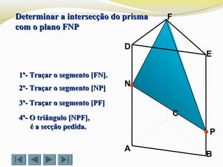 P
C
B
F
E
D
A
1º- Traçar o segmento [FN].1º- Traçar o segmento [FN].
2º- Traçar o segmento [NP]2º- Traçar o segmento [NP]
Determinar a intersecção do prismaDeterminar a intersecção do prisma
com o plano FNPcom o plano FNP
4º- O triângulo [NPF],4º- O triângulo [NPF],
é a secção pedida.é a secção pedida.
3º- Traçar o segmento [PF]3º- Traçar o segmento [PF]
N
 
