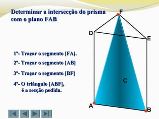 C
B
F
E
D
A
1º- Traçar o segmento [FA].1º- Traçar o segmento [FA].
2º- Traçar o segmento [AB]2º- Traçar o segmento [AB]
Determinar a intersecção do prismaDeterminar a intersecção do prisma
com o plano FABcom o plano FAB
4º- O triângulo [ABF],4º- O triângulo [ABF],
é a secção pedida.é a secção pedida.
3º- Traçar o segmento [BF]3º- Traçar o segmento [BF]
 