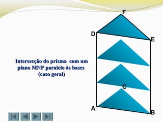 C
B
F
E
D
A
Intersecção do prisma com umIntersecção do prisma com um
plano MNP paralelo às basesplano MNP paralelo às bases
(caso geral)(caso geral)
 