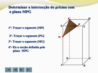 FFEE
DD CC
BBAA
HHGG
Determinar a intersecção do prisma comDeterminar a intersecção do prisma com
o plano MPGo plano MPG
P
1º- Traçar o segmento [MP]1º- Traçar o segmento [MP]
2º- Traçar o segmento [PG]2º- Traçar o segmento [PG] MM
3º- Traçar o segmento [MG]3º- Traçar o segmento [MG]
4º- Eis a secção definida pelo4º- Eis a secção definida pelo
plano MPGplano MPG
 