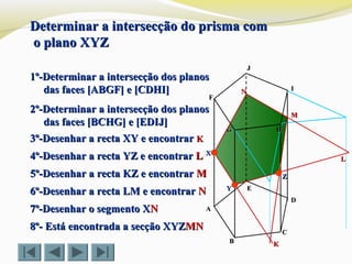 AA
BB
CC
GG
FF
NN
JJ
II
EE
DD
HH
YY
ZZ
XX
Determinar a intersecção do prisma comDeterminar a intersecção do prisma com
o plano XYZo plano XYZ
1º-Determinar a intersecção dos planos1º-Determinar a intersecção dos planos
das faces [ABGF] e [CDHI]das faces [ABGF] e [CDHI]
2º-Determinar a intersecção dos planos2º-Determinar a intersecção dos planos
das faces [BCHG] e [EDIJ]das faces [BCHG] e [EDIJ]
3º-Desenhar a recta XY e encontrar3º-Desenhar a recta XY e encontrar KK
KK
4º-Desenhar a recta YZ e encontrar4º-Desenhar a recta YZ e encontrar LL LL
5º-Desenhar a recta KZ e encontrar5º-Desenhar a recta KZ e encontrar MM
MM
6º-Desenhar a recta LM e encontrar6º-Desenhar a recta LM e encontrar NN
7º-Desenhar o segmento X7º-Desenhar o segmento XNN
8º- Está encontrada a secção XYZ8º- Está encontrada a secção XYZMNMN
 