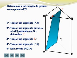 C
N
B
F
E
D
A
1º- Traçar um segmento [NA]1º- Traçar um segmento [NA]
Determinar a intersecção do prismaDeterminar a intersecção do prisma
com o plano ACNcom o plano ACN
2º- Traçar um segmento paralelo2º- Traçar um segmento paralelo
a [AC] passando em N ea [AC] passando em N e
determinardeterminar II
II
3º- Traçar um segmento3º- Traçar um segmento IICC
4º- Traçar um segmento [CA]4º- Traçar um segmento [CA]
5º- Eis a secção [ACIN]5º- Eis a secção [ACIN]
 