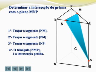 P
C
N
M
B
F
E
D
A
1º- Traçar o segmento [NM].1º- Traçar o segmento [NM].
2º- Traçar o segmento [PM]2º- Traçar o segmento [PM]
3º- Traçar o segmento [NP]3º- Traçar o segmento [NP]
Determinar a intersecção do prismaDeterminar a intersecção do prisma
com o plano MNPcom o plano MNP
4º- O triângulo [NMP],4º- O triângulo [NMP],
é a intersecção pedida.é a intersecção pedida.
 